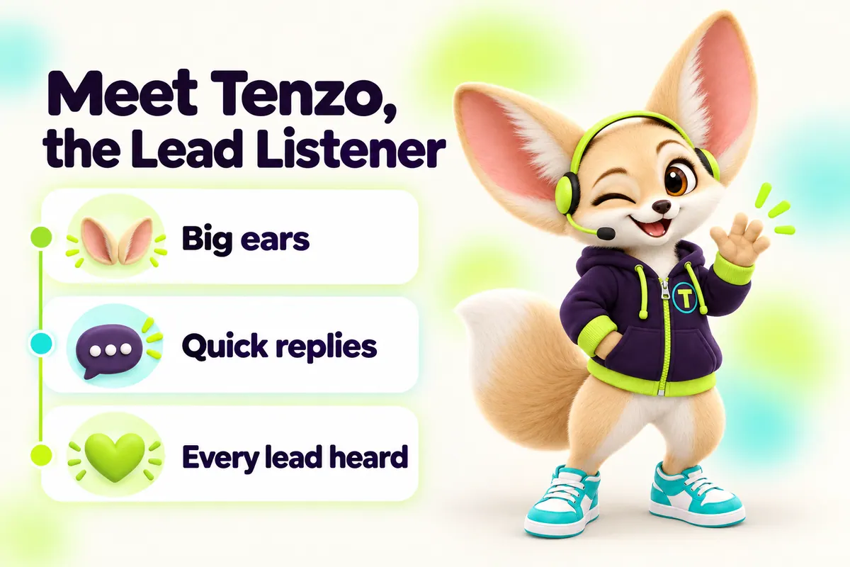 Infographic with Tenzo the fennec fox: Meet Tenzo, the Lead Listener — Big ears, Quick replies, Every lead heard
