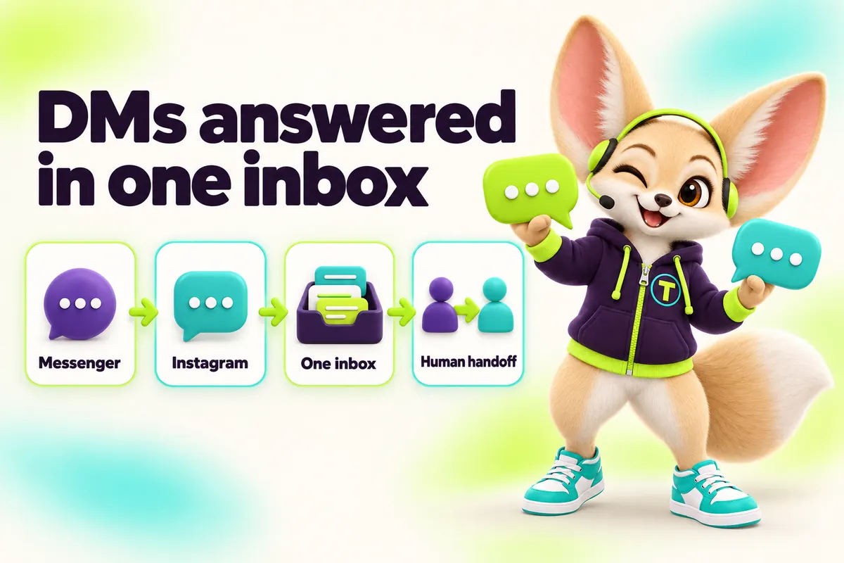 Infographic with Tenzo the fennec fox: DMs answered in one inbox — Messenger, Instagram, One inbox, Human handoff
