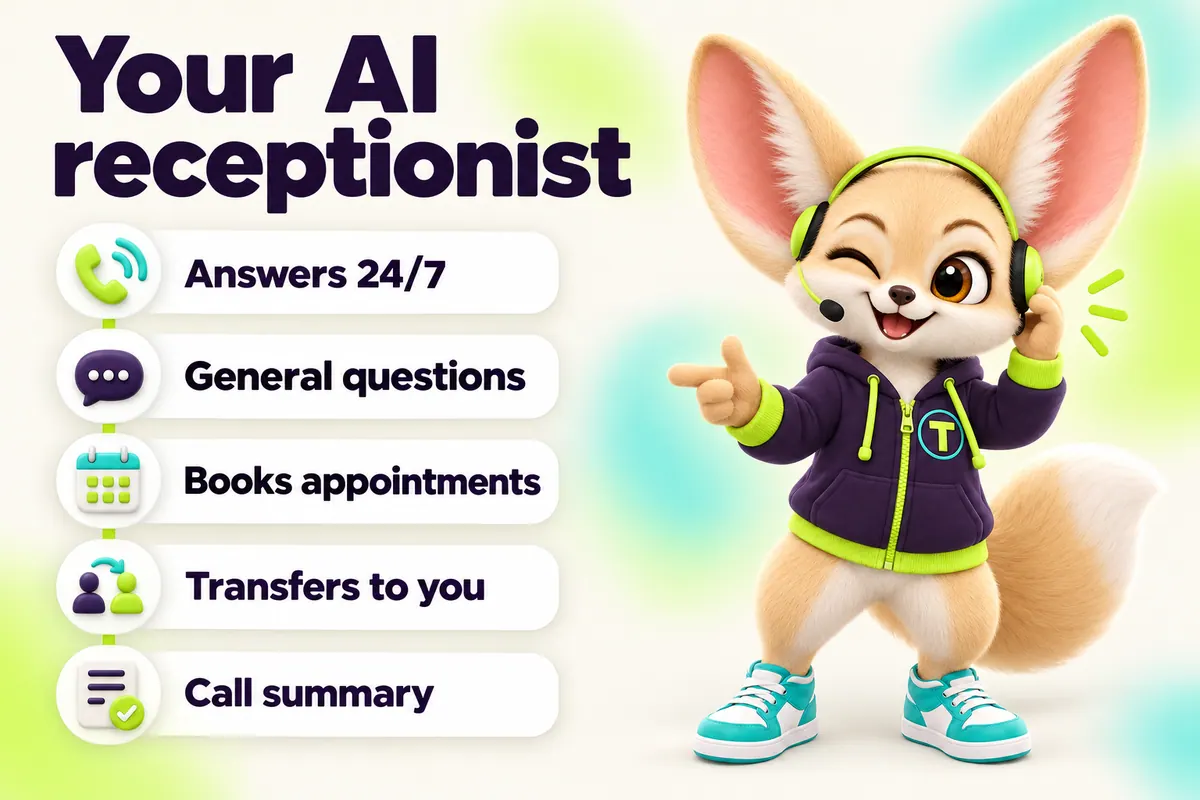 Infographic with Tenzo the fennec fox: Your AI receptionist — Answers 24/7, General questions, Books appointments, Transfers to you, Call summary