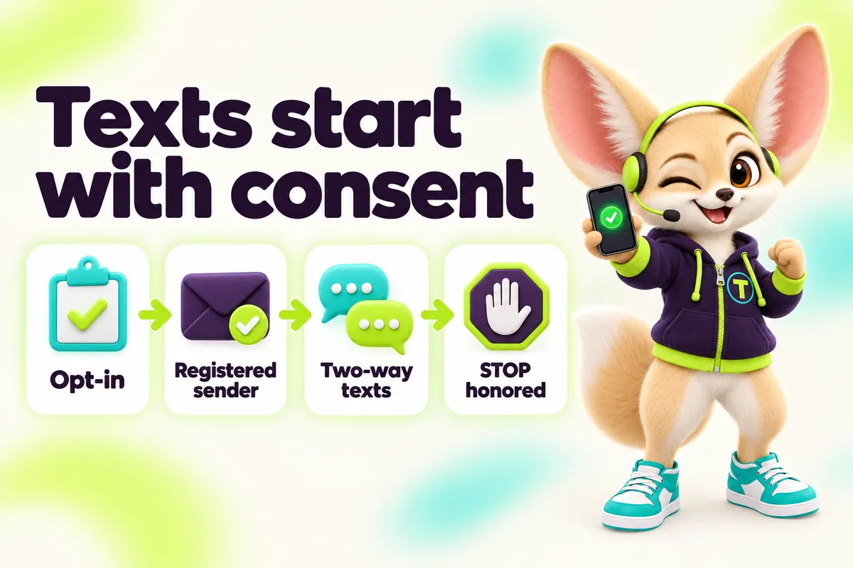 Infographic with Tenzo the fennec fox: Texts start with consent — Opt-in, Registered sender, Two-way texts, STOP honored