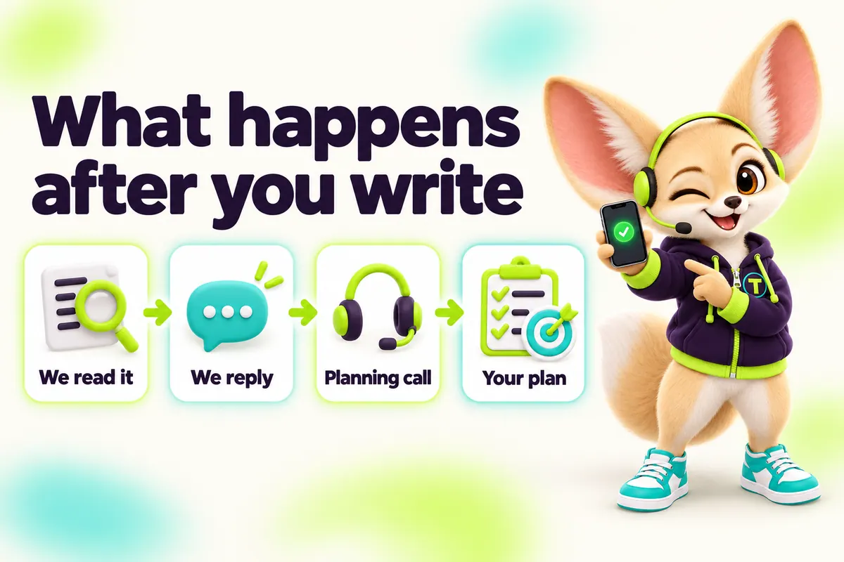 Infographic with Tenzo the fennec fox: What happens after you write — We read it, We reply, Planning call, Your plan