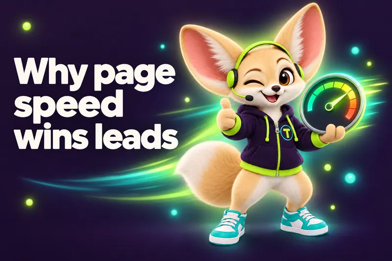 Blog cover: Tenzo the fennec fox holding a speedometer — Why page speed wins leads