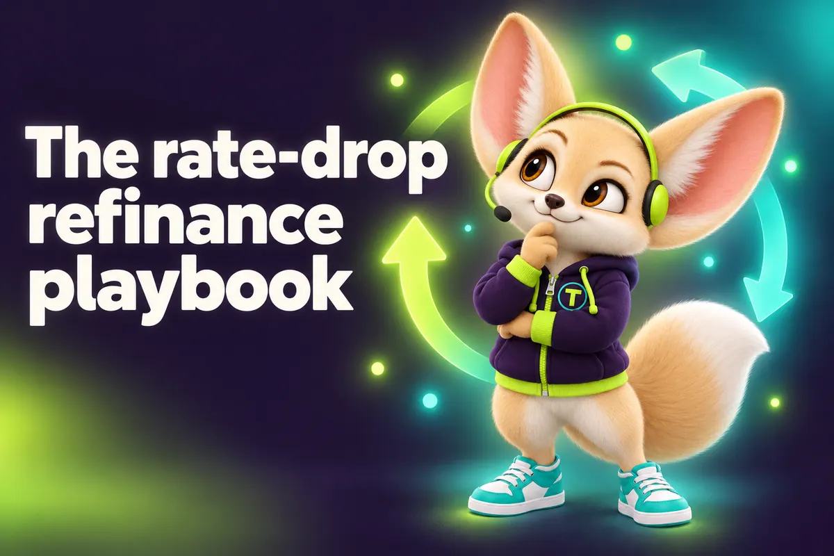 Blog cover: Tenzo the fennec fox thinking among circular arrows — The rate-drop refinance playbook