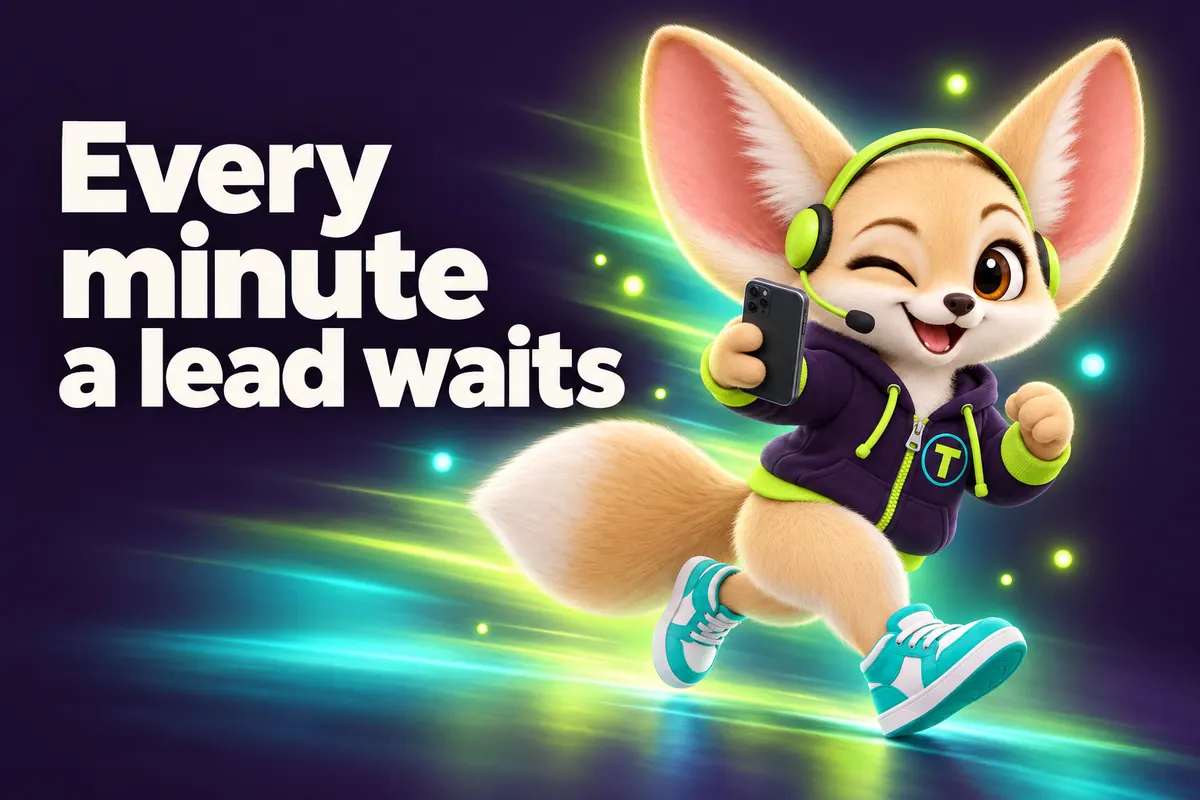 Blog cover: Tenzo the fennec fox sprinting with a phone — Every minute a lead waits