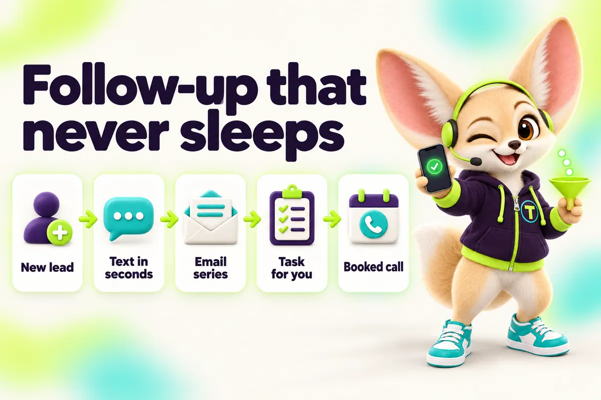 Infographic with Tenzo the fennec fox: Follow-up that never sleeps — New lead, Text in seconds, Email series, Task for you, Booked call