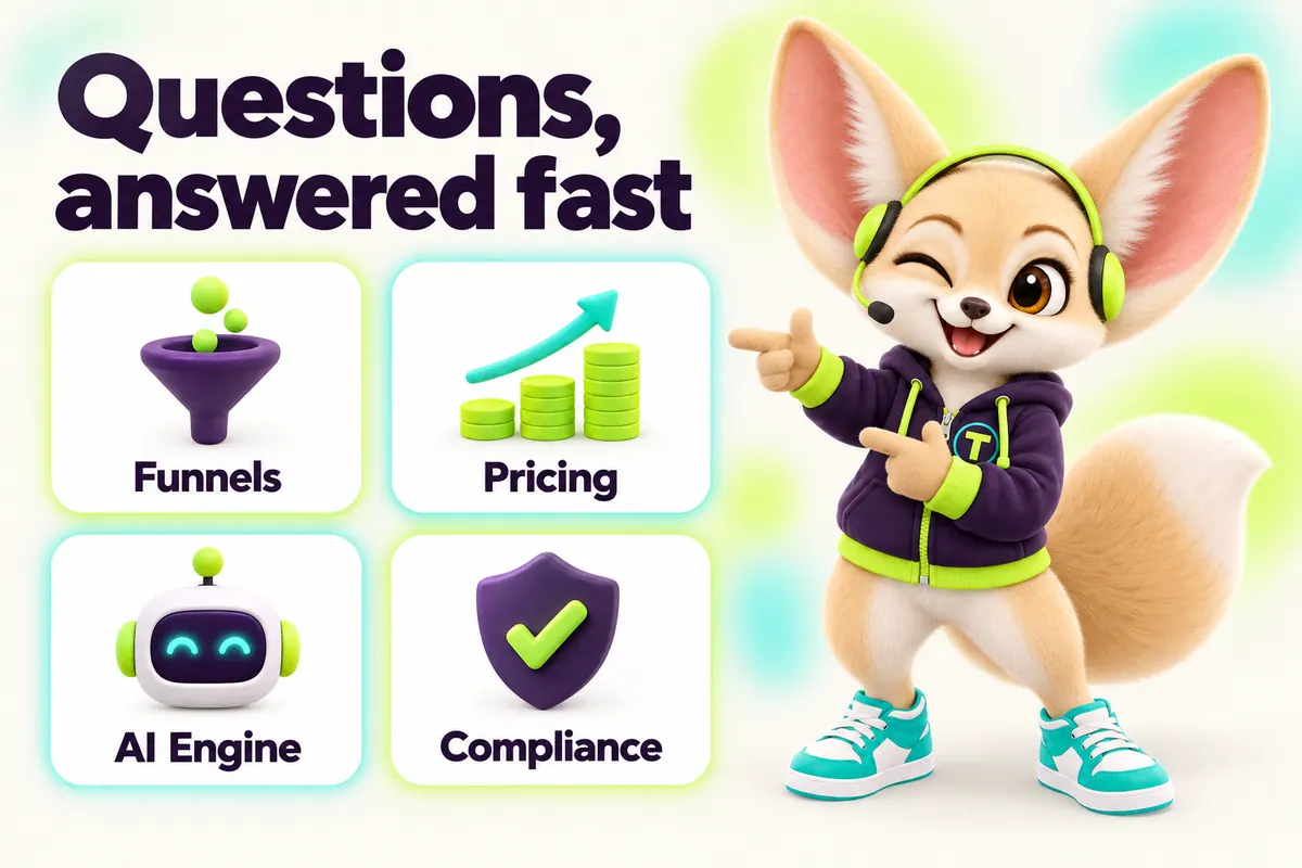 Infographic with Tenzo the fennec fox: Questions, answered fast — Funnels, Pricing, AI Engine, Compliance