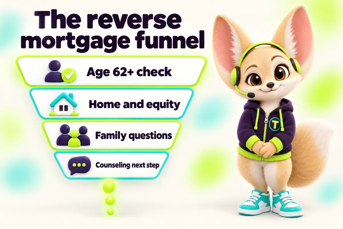Infographic with Tenzo the fennec fox: The reverse mortgage funnel — Age 62+ check, Home and equity, Family questions, Counseling next step