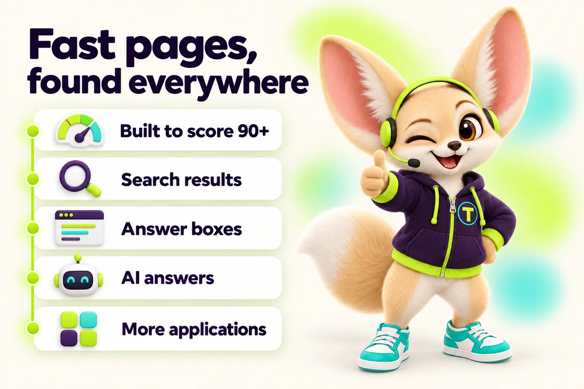 Infographic with Tenzo the fennec fox: Fast pages, found everywhere — Built to score 90+, Search results, Answer boxes, AI answers, More applications