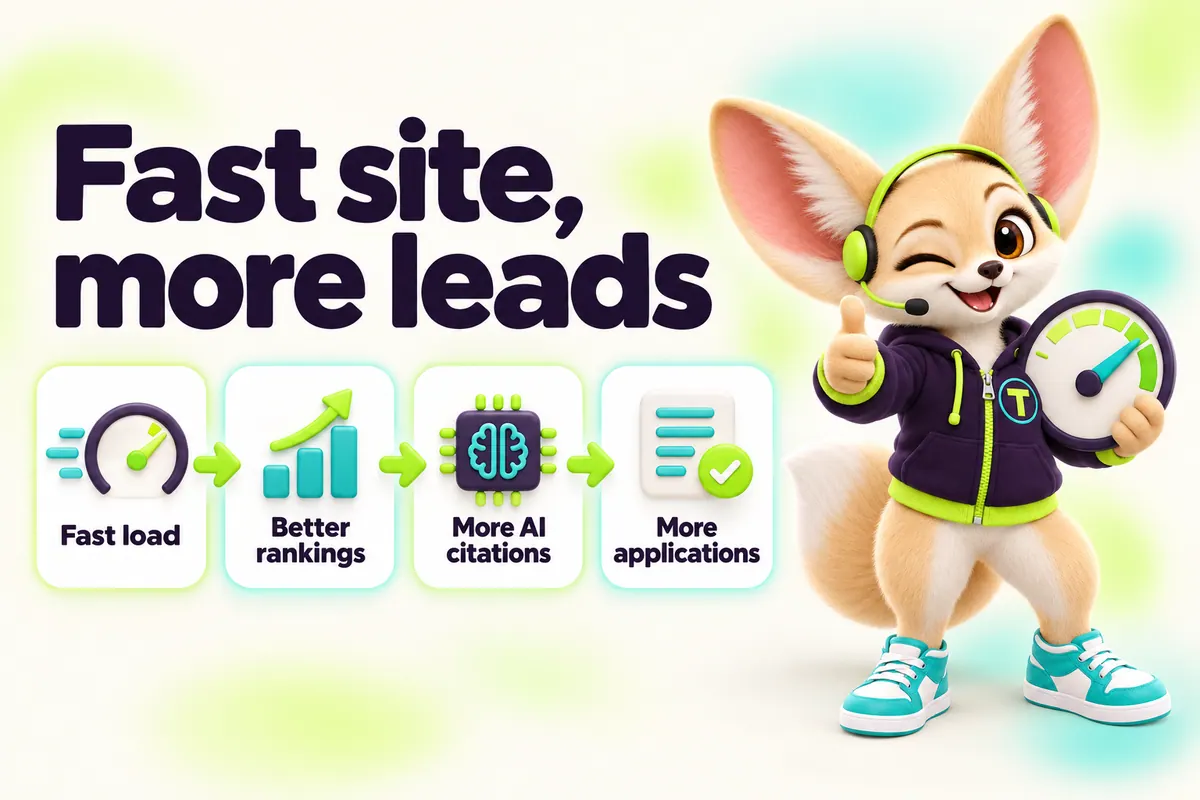 Infographic with Tenzo the fennec fox: Fast site, more leads — Fast load, Better rankings, More AI citations, More applications