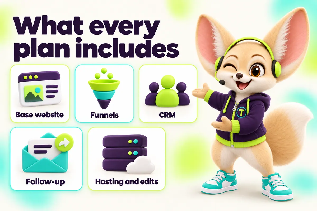 Infographic with Tenzo the fennec fox: What every plan includes — Base website, Funnels, CRM, Follow-up, Hosting and edits