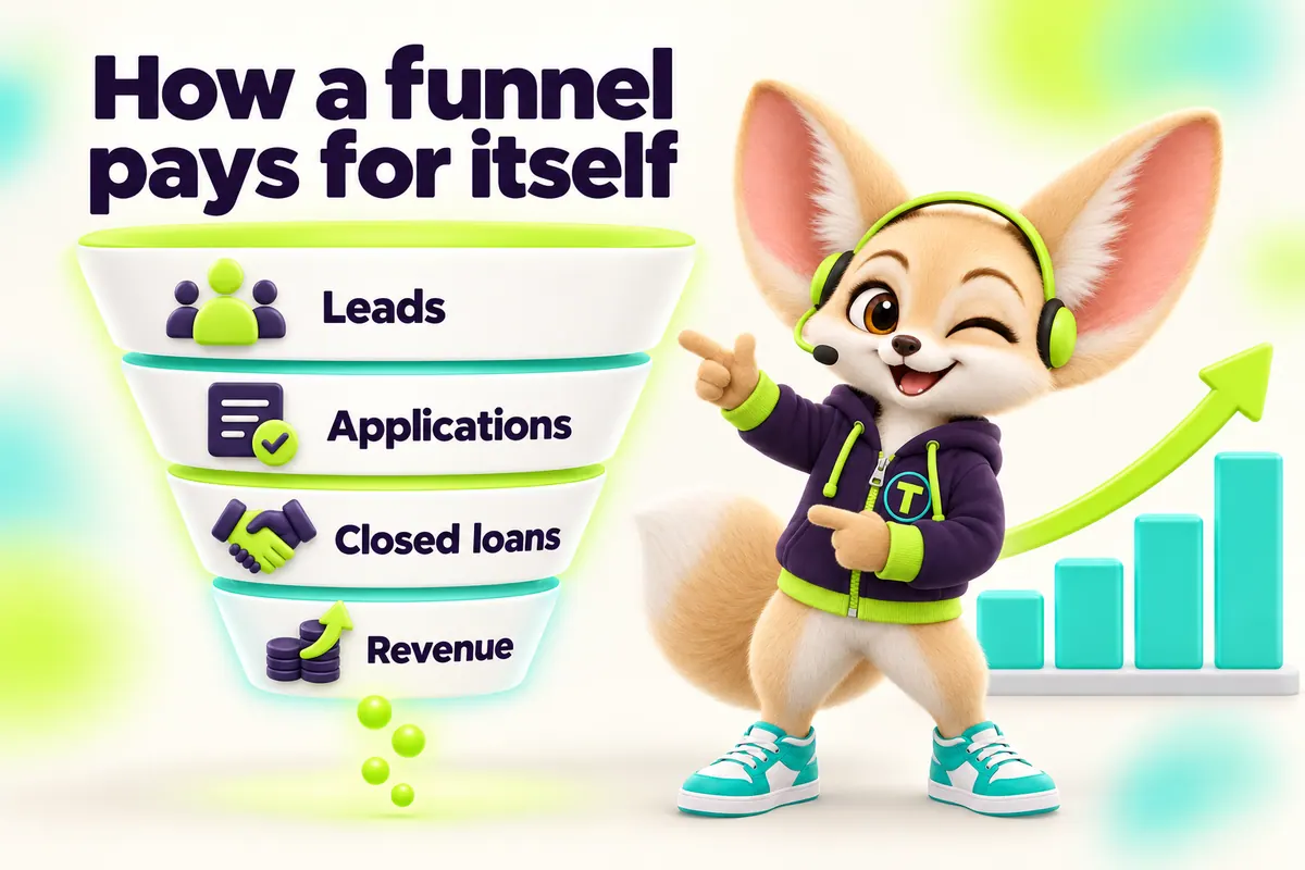 Infographic with Tenzo the fennec fox: How a funnel pays for itself — Leads, Applications, Closed loans, Revenue