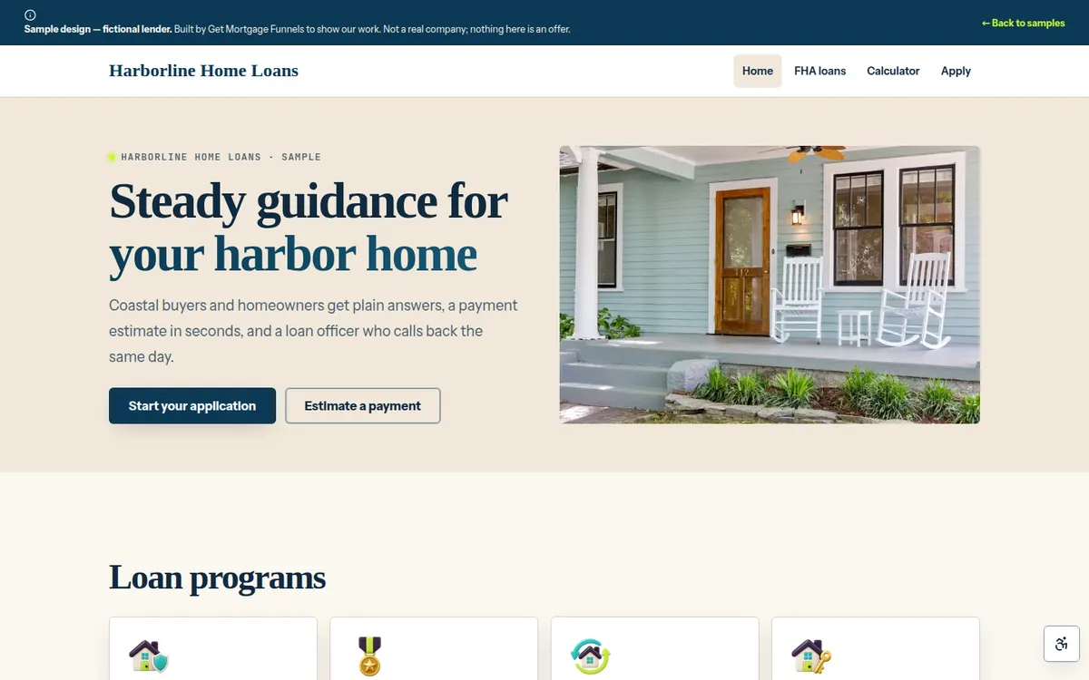 Screenshot of the Harborline Home Loans sample (fictional lender)