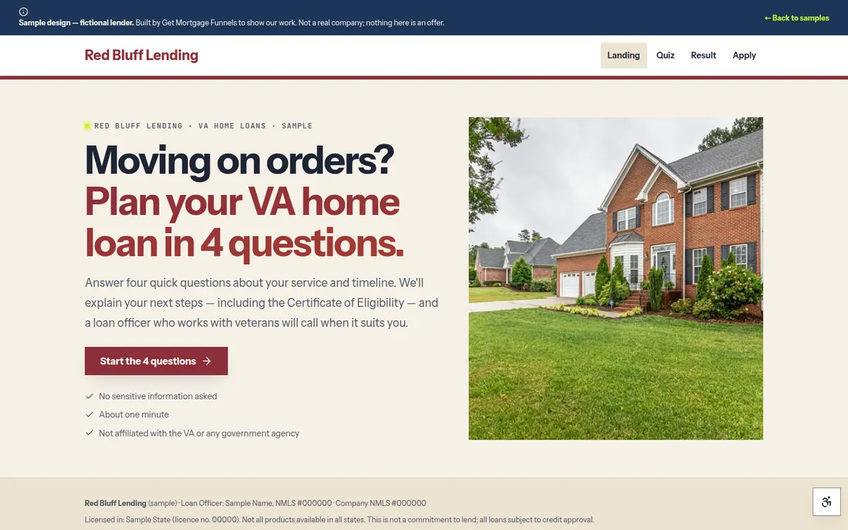 Screenshot of the Red Bluff Lending — VA funnel sample (fictional lender)