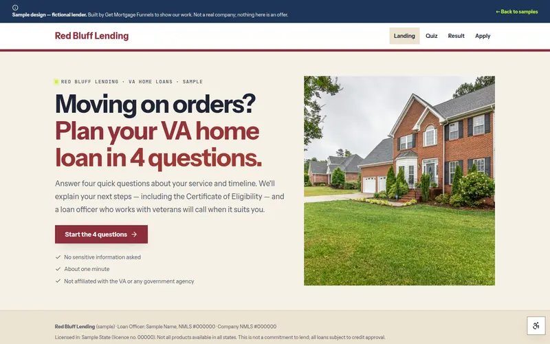 Screenshot of the Red Bluff Lending — VA funnel sample (fictional lender)
