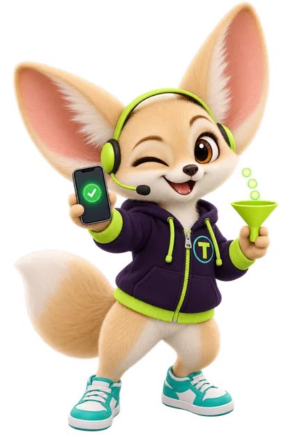 Tenzo the fennec fox mascot holding a phone with a green check and a small lime funnel