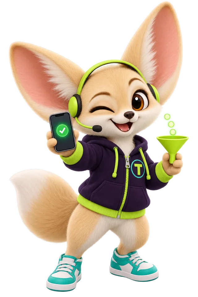 Tenzo the fennec fox, mascot of Get Mortgage Funnels, in an aubergine hoodie with a lime T emblem